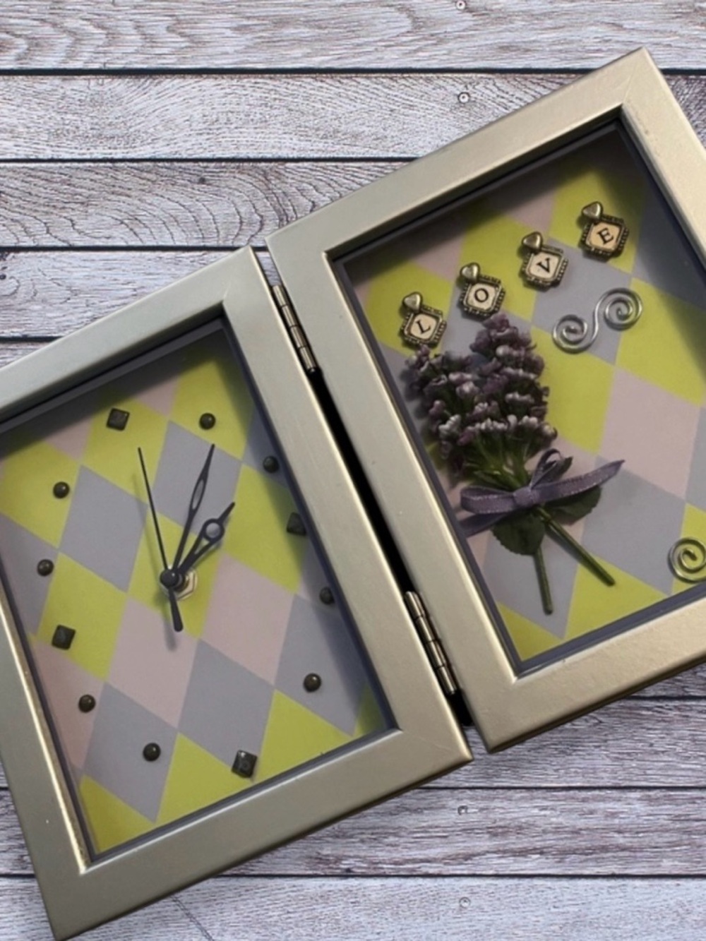 Shadow box clock purple and green